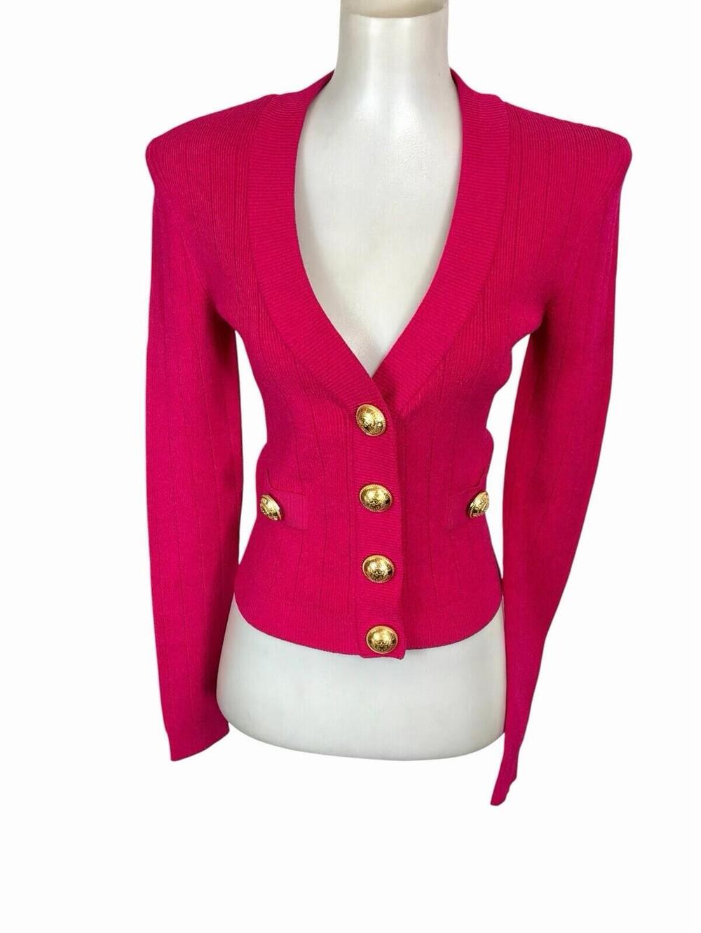 BALMAIN PINK FUSCHIA  POINTELLE CROPPED GOLD BUTTON CARDIGAN US SIZE XS